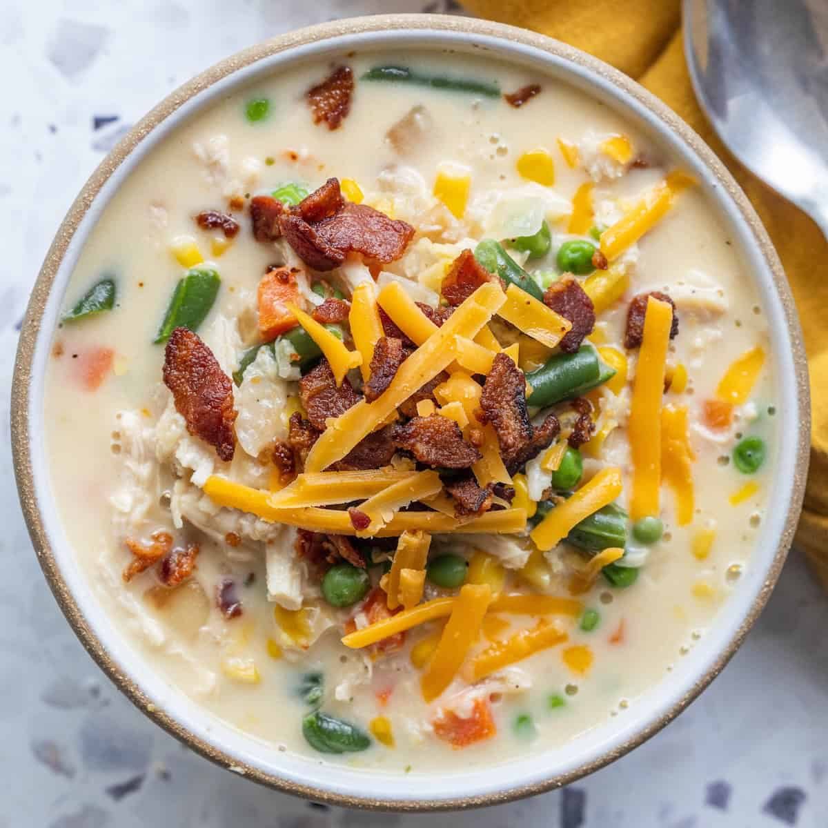 Cheesy Corn Chowder and vegetables, Chicken, and Bacon