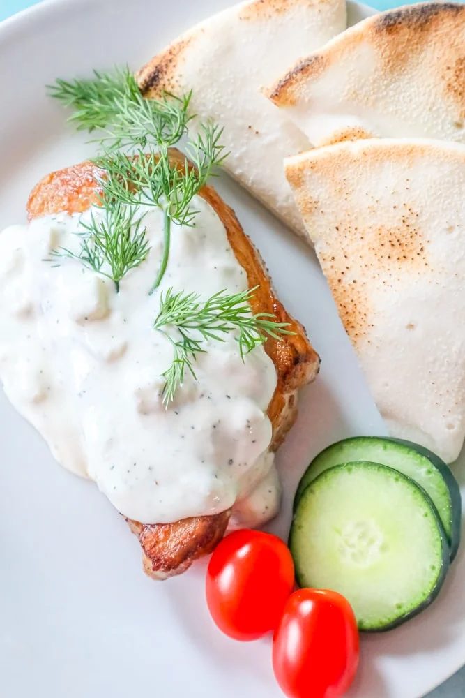 Baked Greek Pork Chops and Creamy Feta Sauce