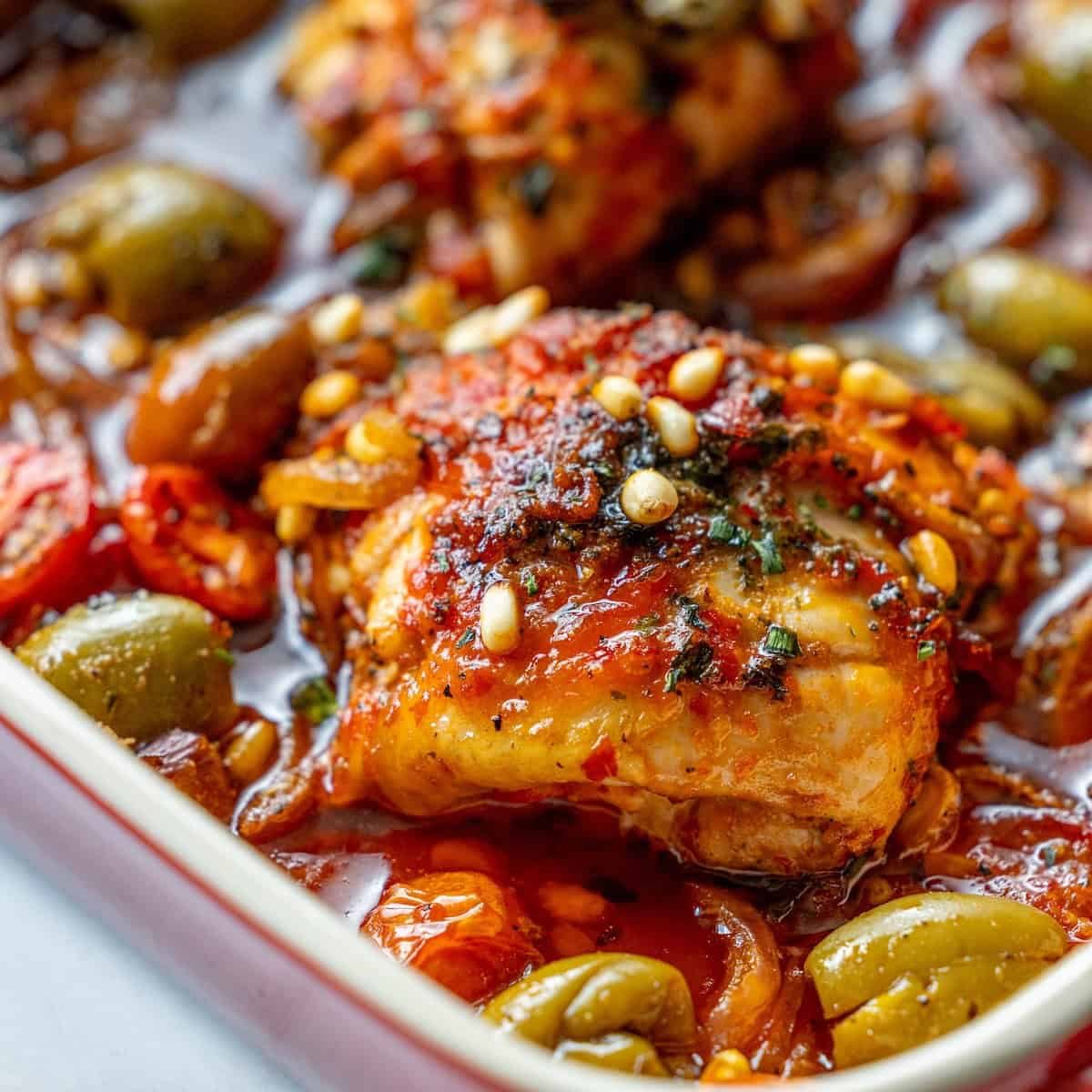 Spicy Harissa Chicken Thighs and Smashed Olives